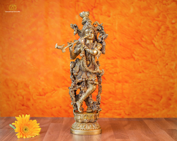 Pure Brass Krishna Statue SuperFine Idol With Intricate Carvings-15"Tall