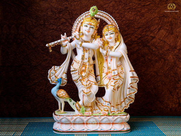 Exquisite Large Marble Radha Krishna Statue with Peacock Hand Painted-18"