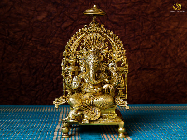 Pure Brase Ganesh Statue Umberlla Sitting Ganpati In Brass 8"Tall