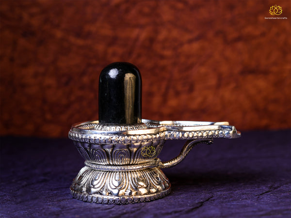 Black Stone Shivling In silver Base | Hand Crafted Shiv Yoni In German Silver | Pure Black Onyx Shivling |