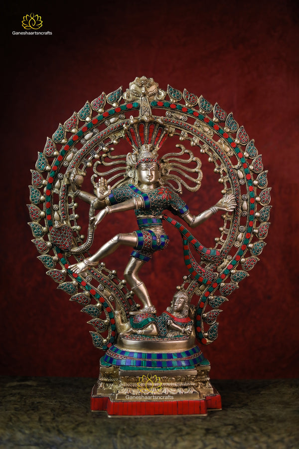 Exquisite Brass Nataraja Statue with Stone Inlay – Handcrafted Masterpiec-22" Suitable For Entrance Decor N Yoga Studio