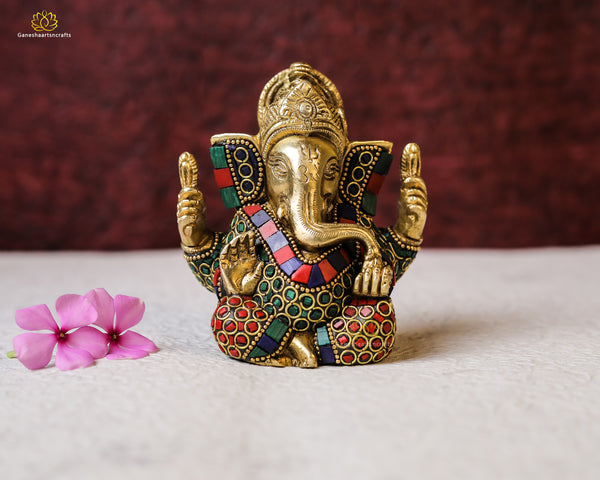 Ganesh Statue | Brass Lord Ganesha | Good luck God | Home Decor Idol |Ganesh with Stone Work | Elephant Head God | Hindu God | Ganesha Idol