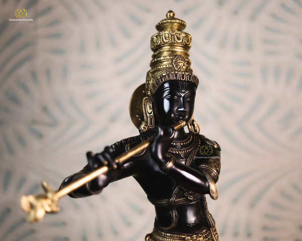 Elegant Black and Gold Brass Krishna Statue – Handcrafted Divine Art-23"