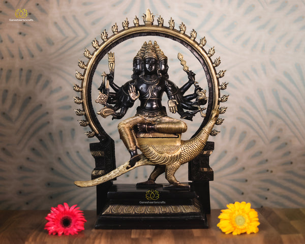 Pure Brass Murugan Statue Seated on Peacock Black  & Gold Finish Kartikeya Idol