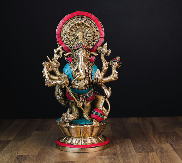 Brass Drishti Ganesh Statue With Stone Work-11.5 Inch