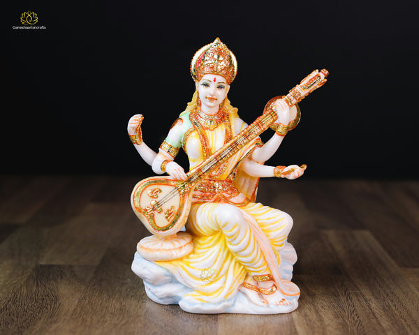 Hand-Painted Cultured Marble Sarasvati Statue – Exquisite Divine Art"