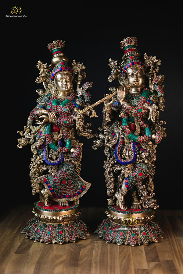 Brass Large Radha Krishna Statue with Stone Work Standing On Lotus-26"