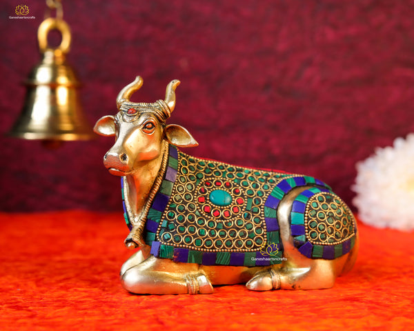 Brass Nandi statue Inlay Stone Work-6 Inch