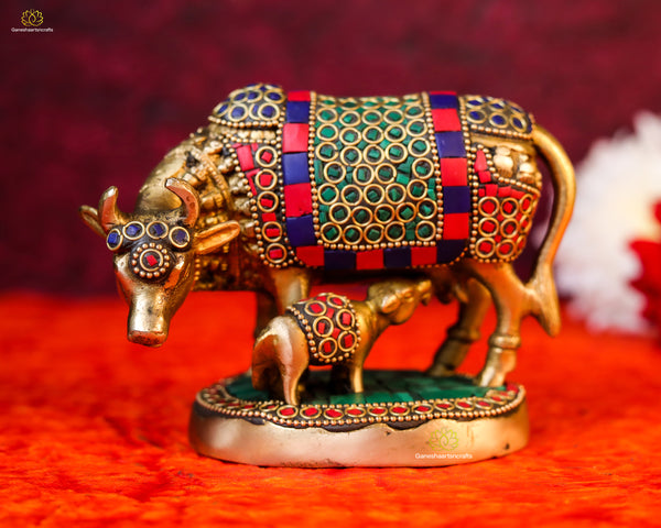 Brass Cow Calf Figurine Kamdhenu with Stone Work-5"