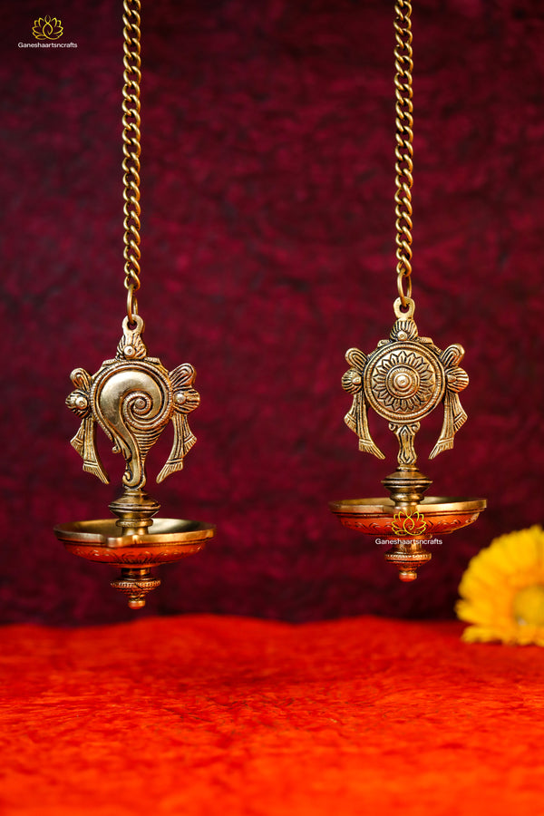 Brass Shankh Chakra Diya Oil Lamp Hanging  Deepak