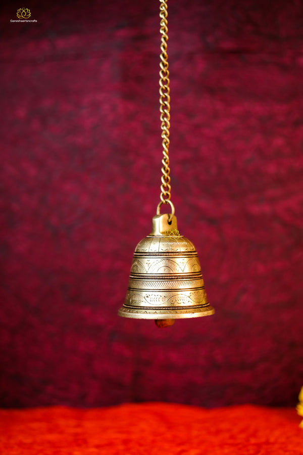 Brass Hanging Bell | Brass Bell | Home & Temple Decor | 2.5 Inch Bell Size | Long Hanging Chain