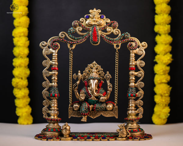 Swing Ganesh Idol | Brass Ganpati Statue With Mosaic Inlay Stone Work | Decorative Ganesha | 15 Inch | Vinayaka Moorti |