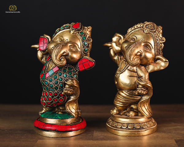 Dancing Ganesh Statue In Brass With Stone Work-6"