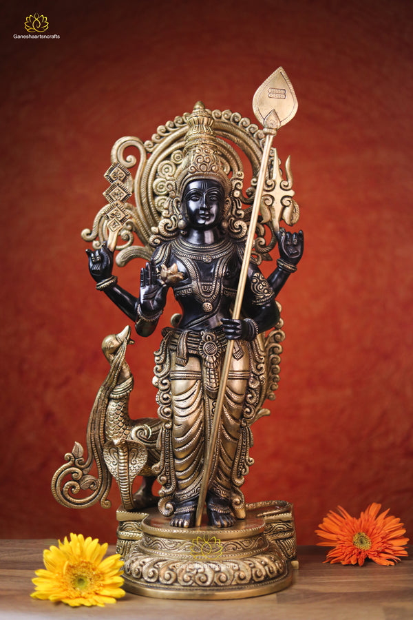 22"Large Kartikeya Swami Idol With Peacock Brass Murugan Black & Gold Finished