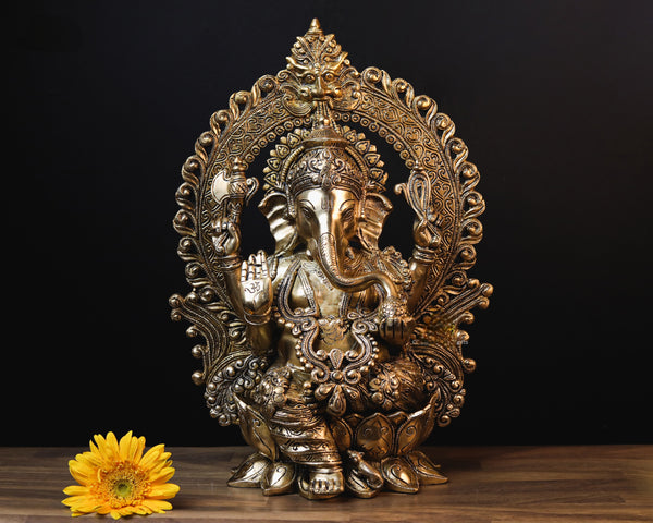 Brass Prabhavali Ganesh Statue – Divine Lord Ganesha Idol for Home and Temple Decor 15.5"