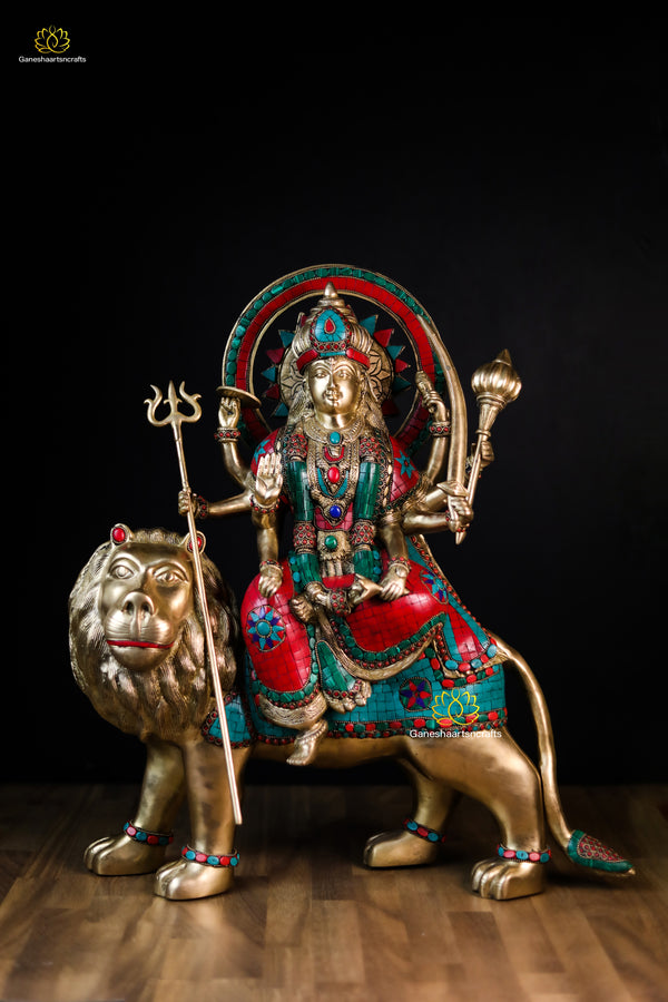 Large Brass Durga Statue In Stone Work Mata Sherawali -22 Inches