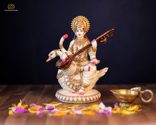 Saraswati On Swan Statue In Cultured Marble Hand Painted Goddess Of Knowledge Music Art