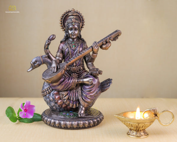 Goddess Saraswati Statue | Bonded Bronze Savitri Idol |Lord Brahma Wife | Goddess Of Knowledge Music Art | 7.5 Inch Tall |