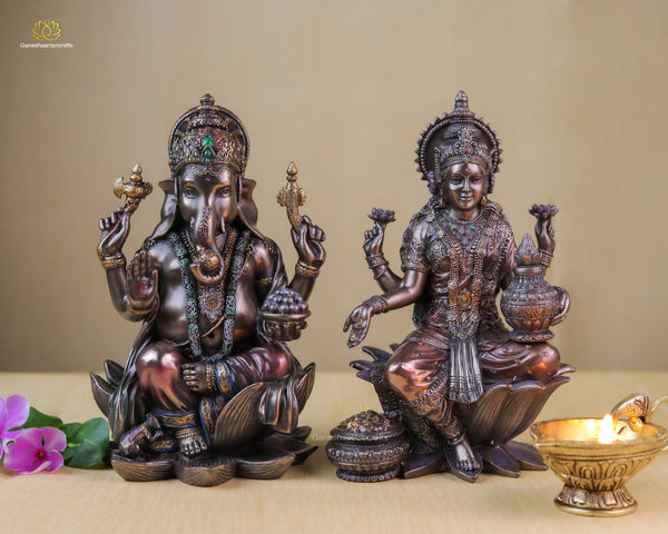 Bonded Bronze Lakshmi Ganesh Idol- 7.25"Inch Tall