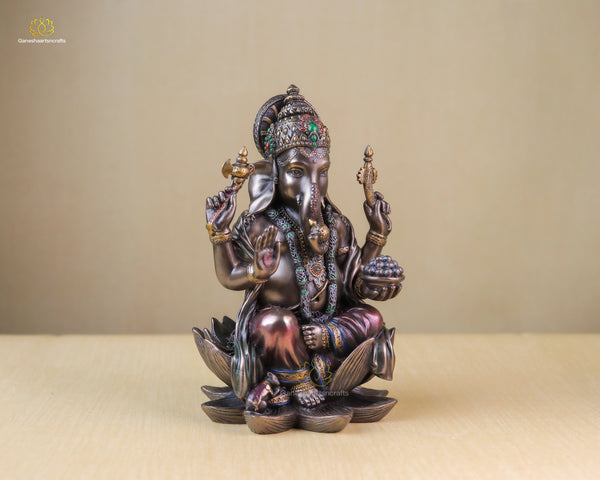 Ganesh Statue Lotus Ganpati Idol Bonded Bronze 7 Inch Hindu God of Good Luck God Of New Beginning