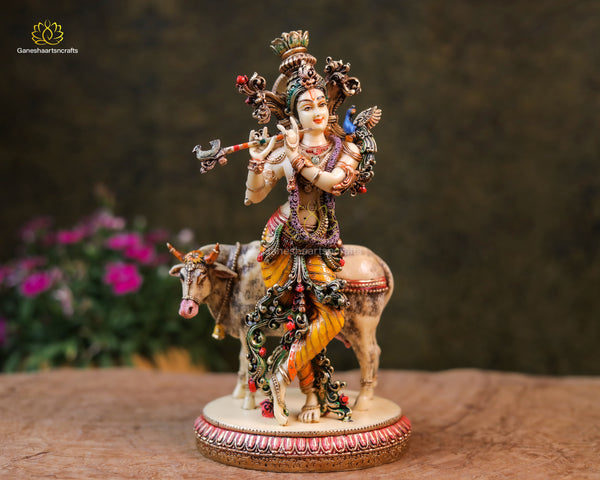 Cow Krishna Statue | Lord Krishna Statue | Cultured Marble Hand Painted Krishna Idol | Lord Narayana | Flute Krishna | Radha Krishna | 27 CM