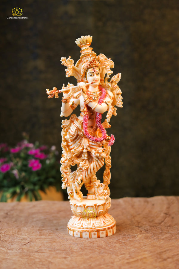 Lord Krishna Statue in Cultured Marble with Beautiful Hand Painted Work -15"