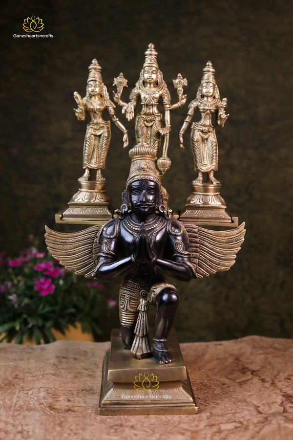 Handmade Brass statue of Vishnu, Bhudevi, and Sridevi on Garuda