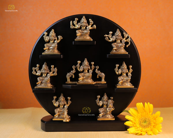 Elegant Brass Eight ( Asth )- Lakshmi Statues with Ornate Wood Frame - Divine Décor for Your Space