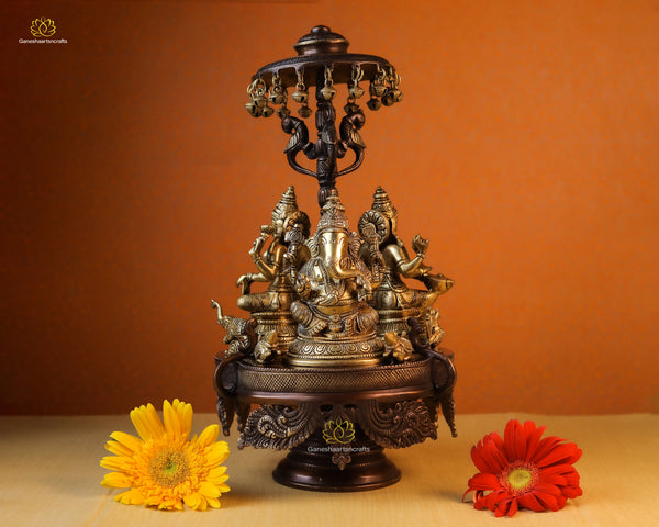 Brass Lakshmi Ganesh Saraswati Idol Revolving Set For Home Decor N Temple With Antique Finished