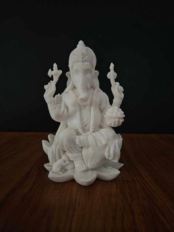 Ganesh Statue On Lotus White Cultured Marble -7.25"