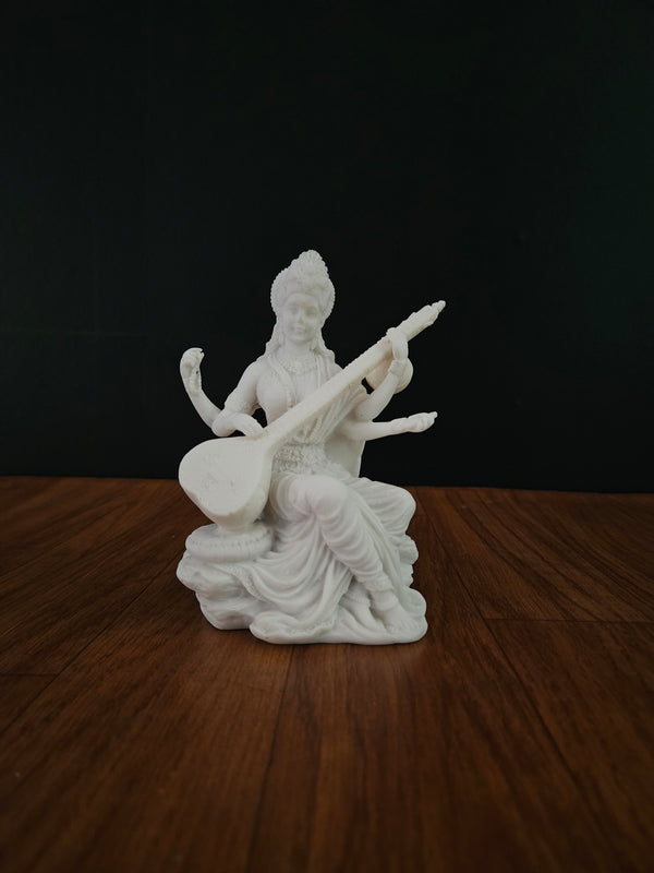 Saraswati Statue Pure White Soft Stone Veena Saraswati Idol Goddes Of Knowledge Music Art