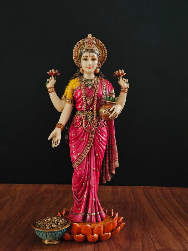 Lakshmi Statue Lotus Standing Lakshmi Marble Dust Hand Painted 10 Inch Tall