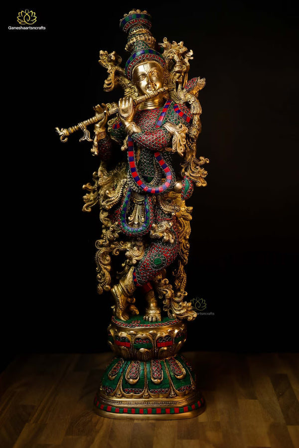 30 Inch Krishna Statue | Big Brass Krishna Idol | Flute Krishna | Colourful Krishna With Stone Work | God of love | Radhe Krishna Idol |