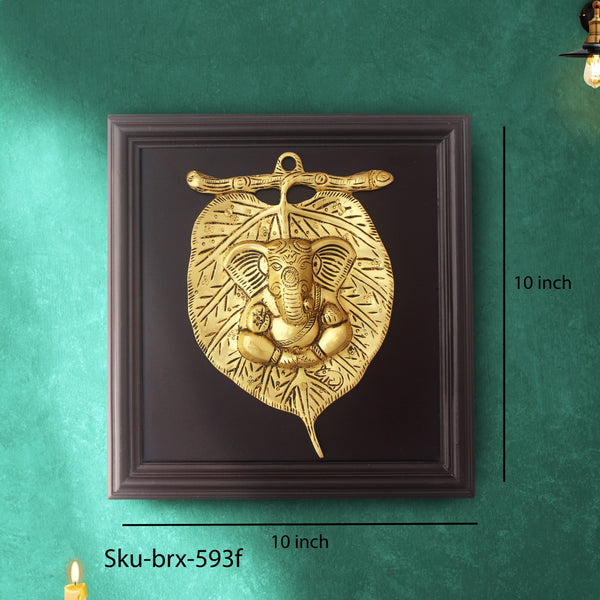 Wall Hanging Brass Ganesh | Ganesh On leaf With Brass N Wood Base