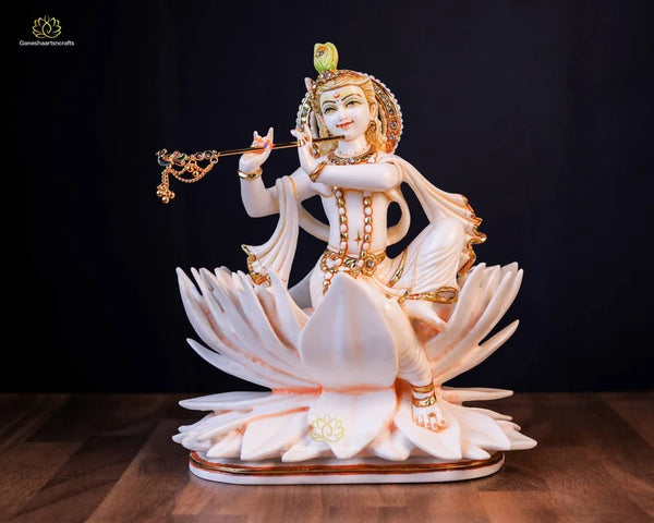 Krishna Statue | Lotus Krishna | Flute Krishna | God of love | Narayana Statue| Hare Krishna | Cultured Marble Krishna Murty | 23 CM Tall |