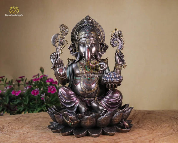 Ganesh Statue | 25 CM Bonded Bronze Ganesha | Lord Ganesh Idol On Lotus | Ganapati | Lord Vinayaka | God of New Beginning | Good Luck Gift |