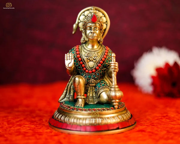 Hanuman Statue | 19 CM | Lord Hanuman | Brass Inlay Work Hanuman Idol | Bajrangbali Statue | Divine Vanara | Devotee of Lord Rama |Mace God