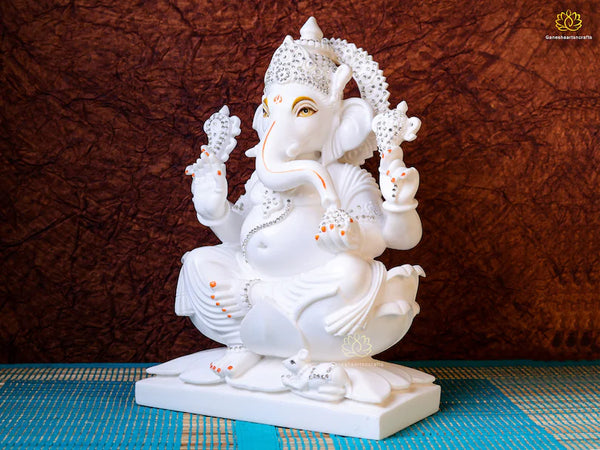 Ganesh Statue | White Marble Ganpati Idol | 23 Cm Decorative Stone Ganesha Moorti | God of Good Luck | New Beginning | Altar Gift |