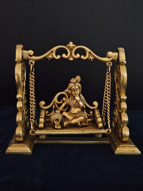 Laddu Gopal With Jhoola Brass Swing Baby Krishna Idol Makhan Chor -7.5 Inch